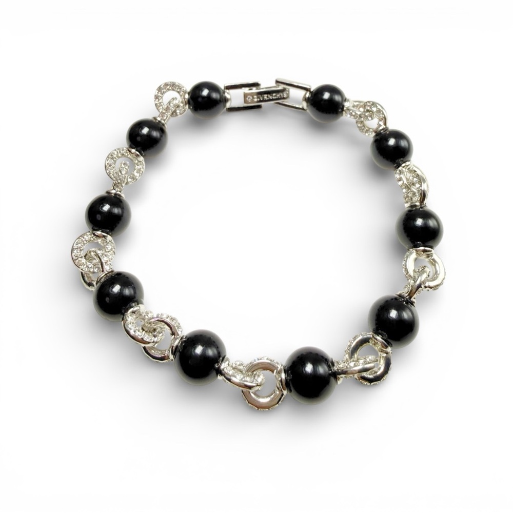 Givenchy Black Beaded & Silver Tone Crystal Link Bracelet